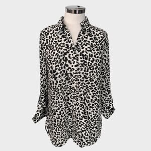 Talbots Medium Button Front Shirt Roll Tab Sleeves Animal Print Polyester